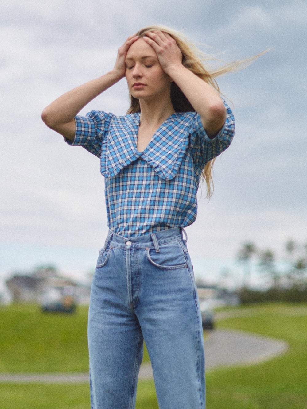 Ganni Blue Plaid Cotton Puff-Sleeve Top with Oversized Collar